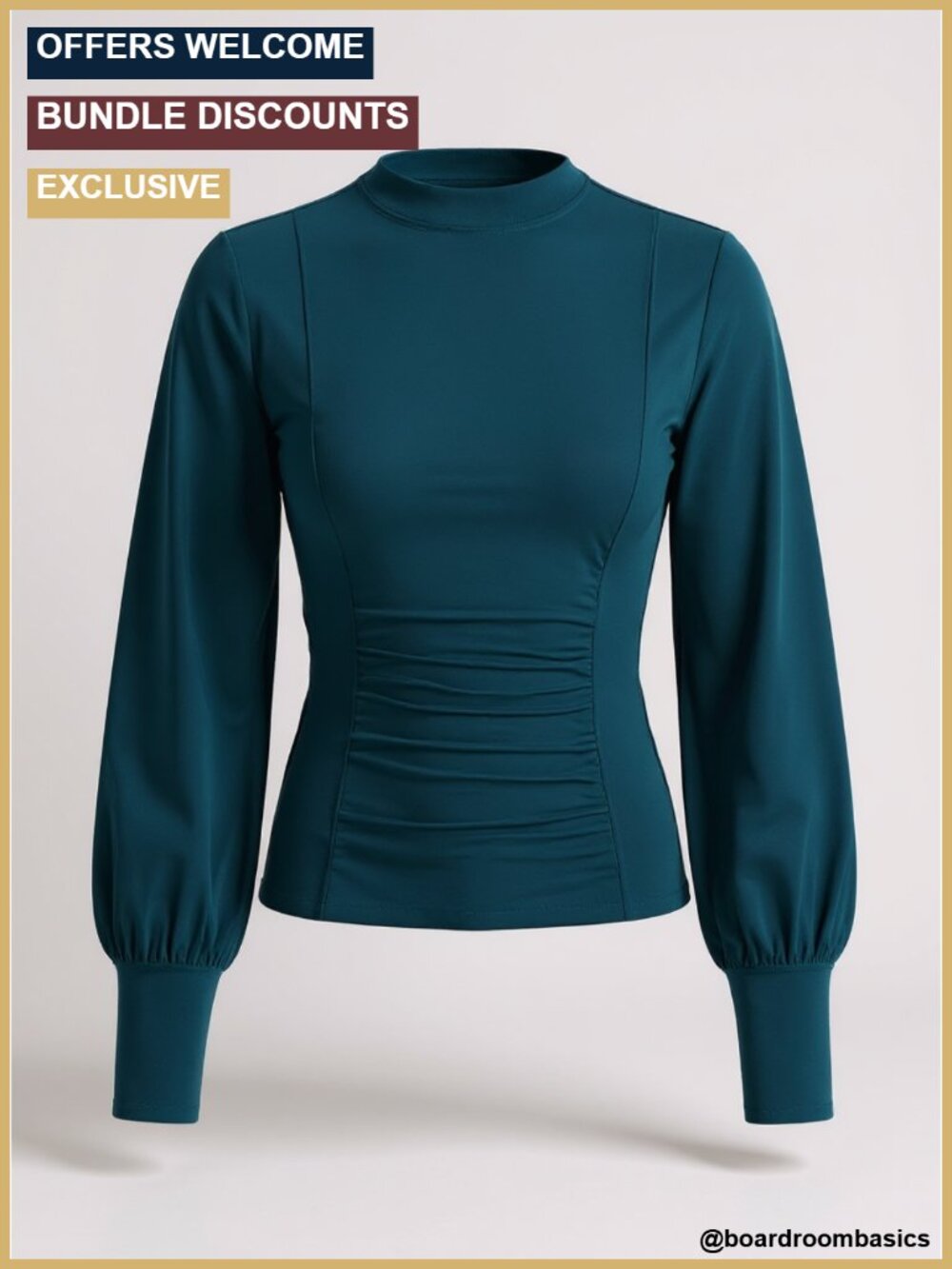 Mock Neck Puff Long Sleeve Ruched Fitted Blouse Dressy Casual Work Top